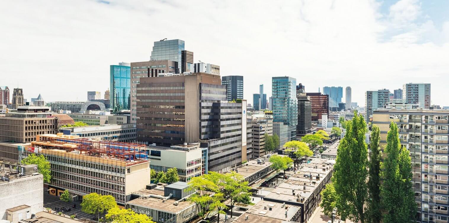 City skyline with green lanes