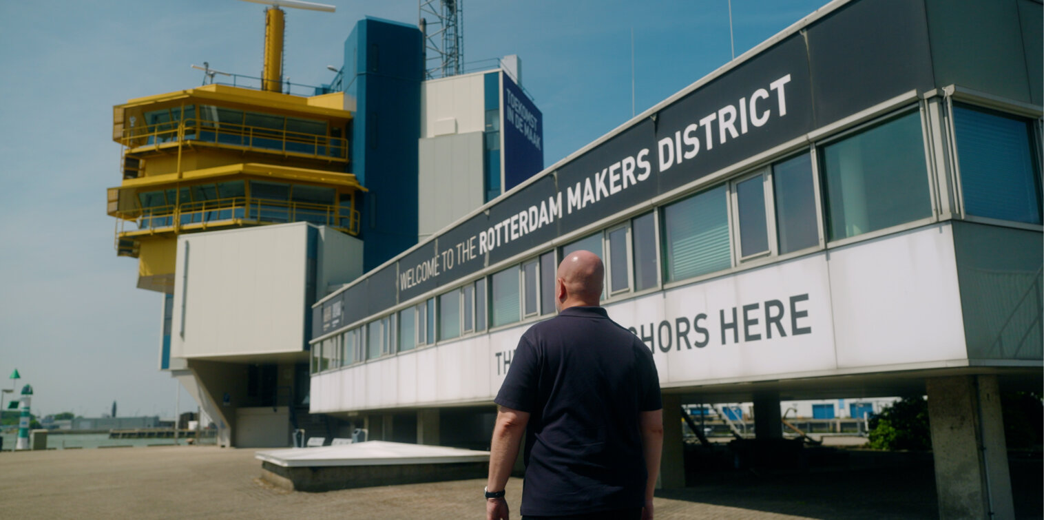 Arthur Dallau arriving at Rotterdam Makers District, where autonomous and uncrewed systems are developed and tested.