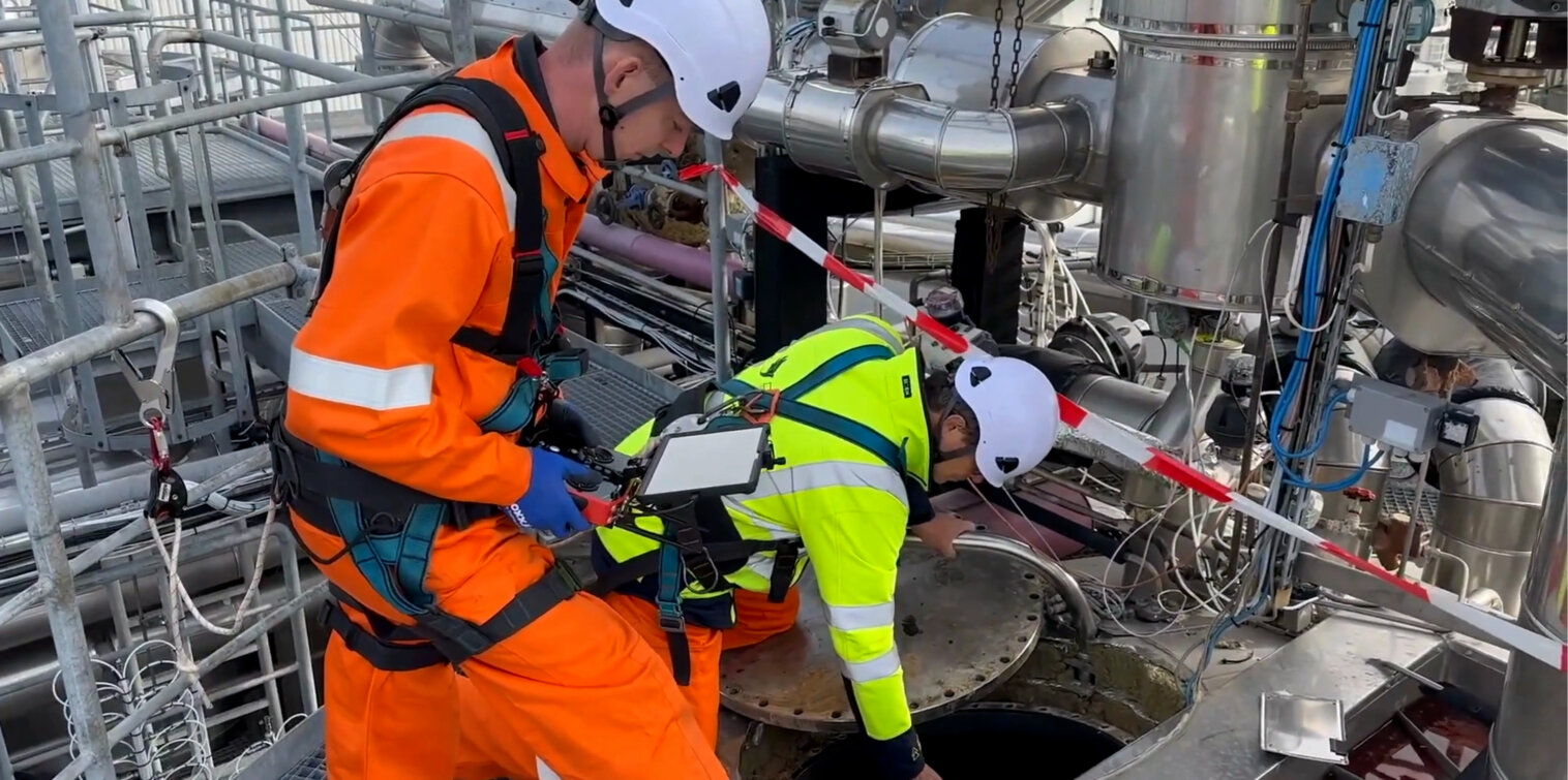 Industrial inspection using drone technology to improve safety and efficiency at a port facility in Rotterdam.