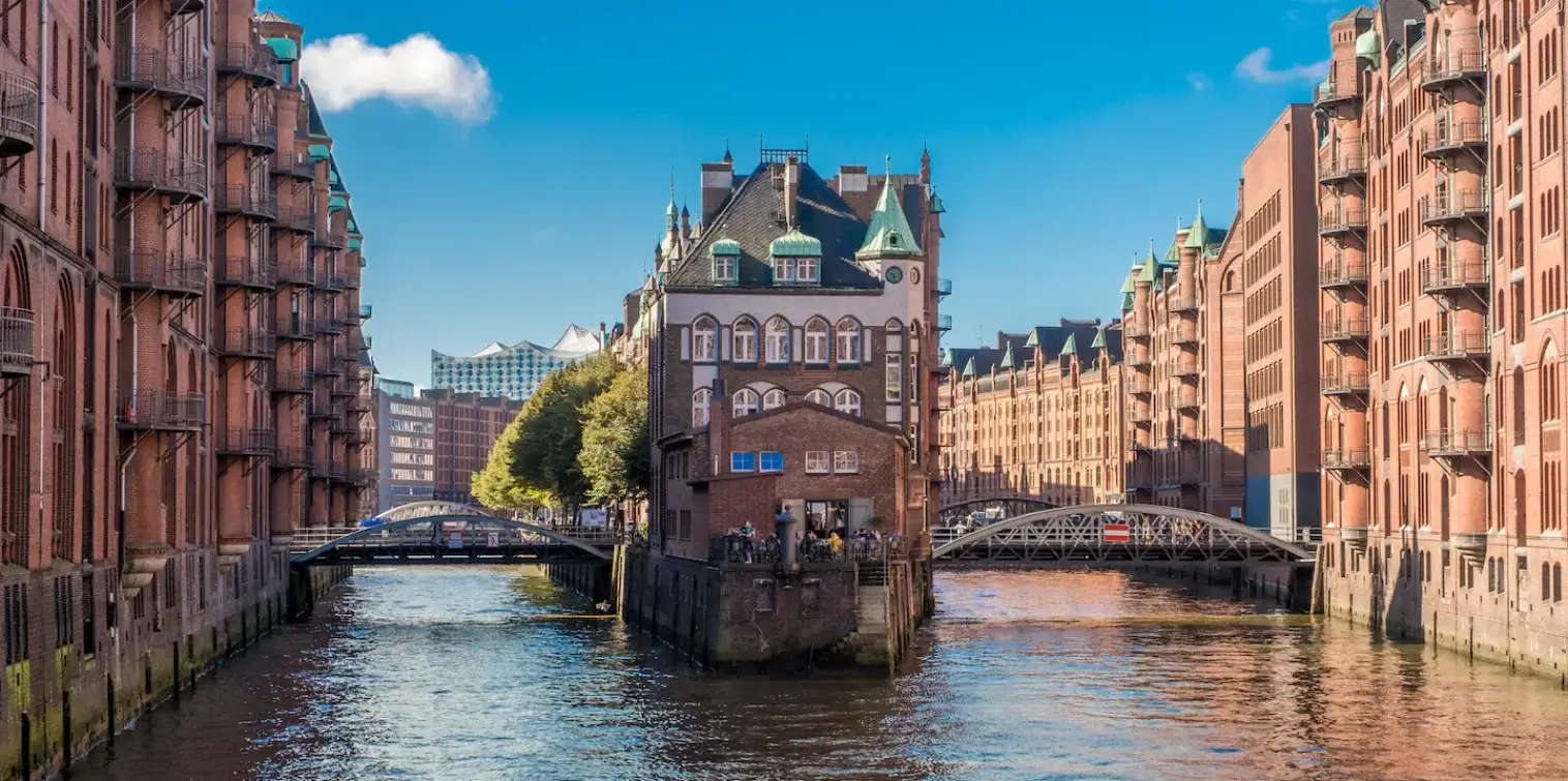 View of Hamburg’s historic Speicherstadt warehouse district with canals, bridges and traditional brick warehouses.