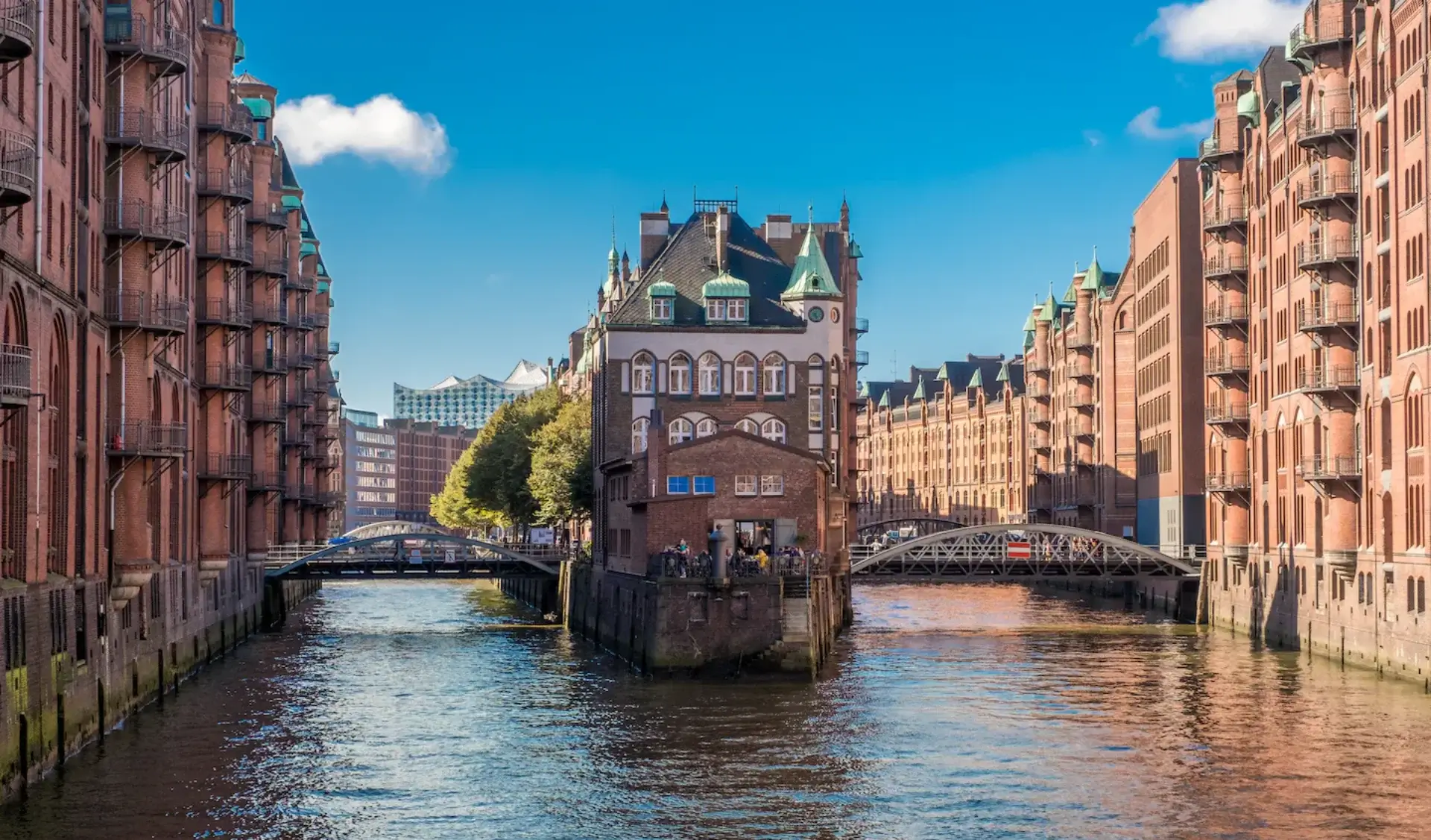 View of Hamburg’s historic Speicherstadt warehouse district with canals, bridges and traditional brick warehouses.